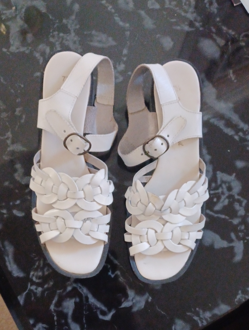 4/$40 White Braided Leather Slingback Sandals With Chunky Heel - Size 7.5